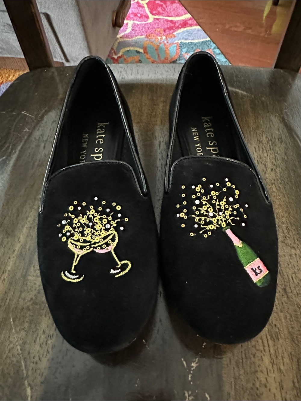 kate spade black suede loafers with celebratory embroidery - Size 7.5